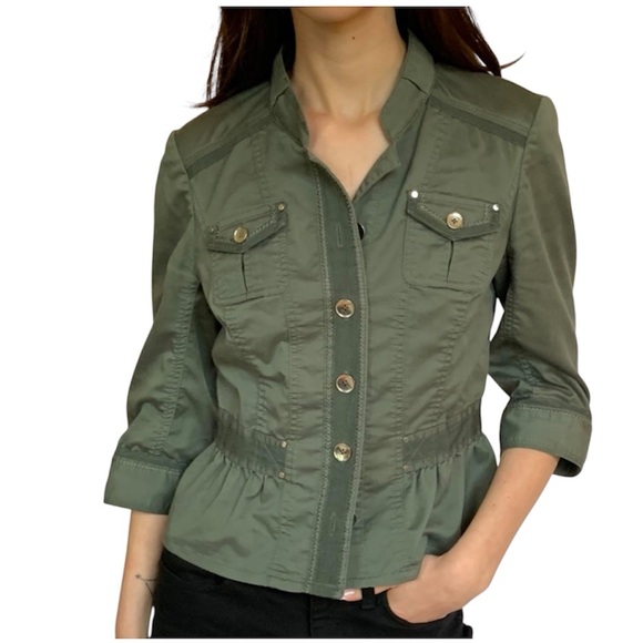 White House Black Market Army Green Utility Cropped Jacket Sz 8 - Picture 2 of 16